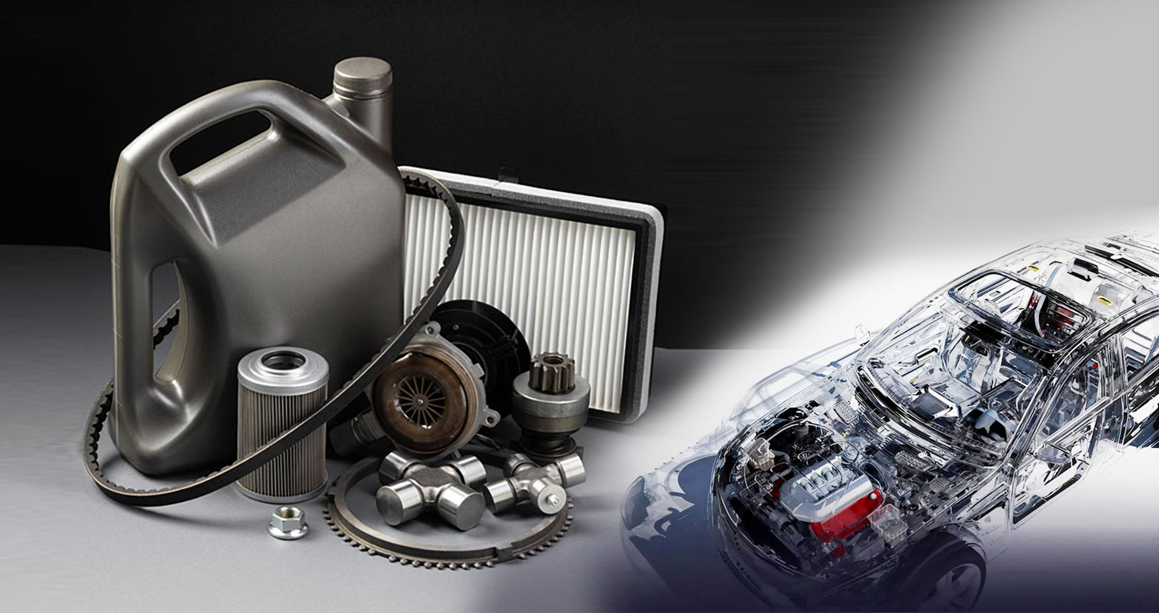 OKGUN automotive parts showcase featuring brake systems, clutches, and engine components